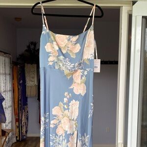 Birdy Grey Blue Floral Slip Maxi Dress with Pink Roses